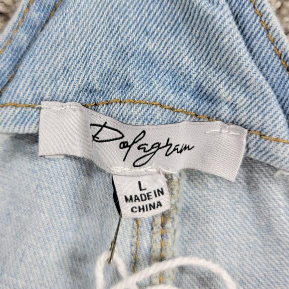 Polagram Overalls Button Up Denim Jumpsuit Womens L Blue Light Wash Ruffle Strap - Picture 2 of 16